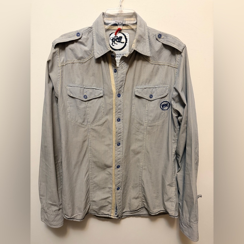 PARASUCO Men's Blue and Cream Striped Button Up w/ Graphics on Back